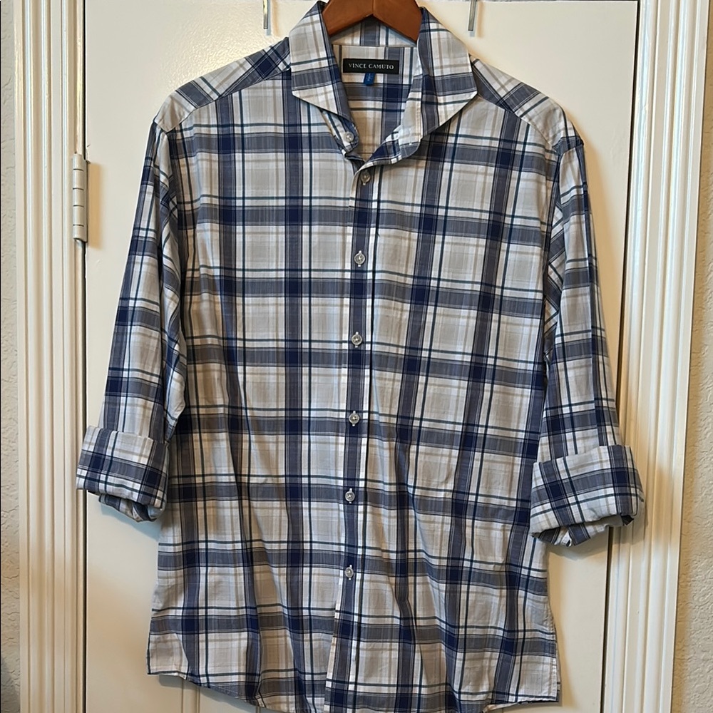 Vince Camuto Men's Plaid Button Down Shirt Size Large L Navy Blue Gray White
